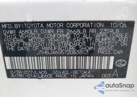 2007 Lexus Es 350 from USA, damaged, VIN JTHBJ46G572063853